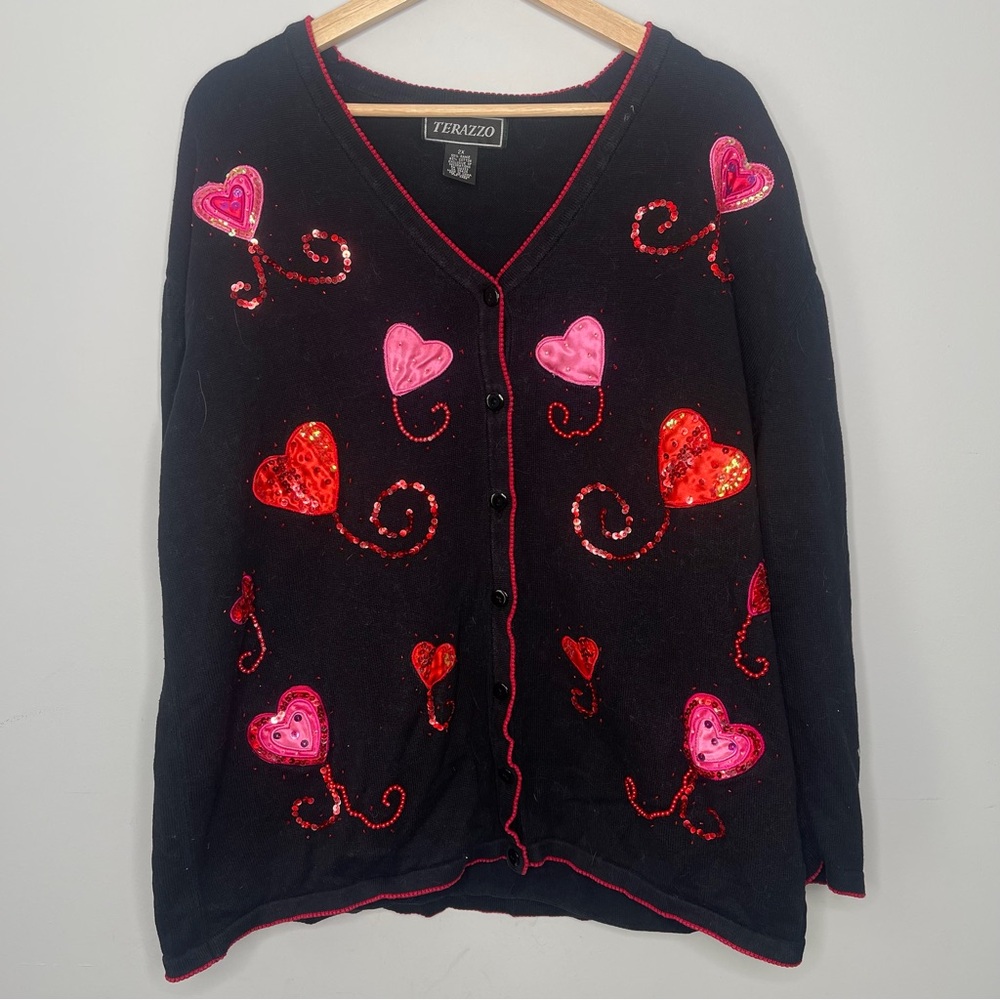 Women’s Terazzo Black Sweater cardigan with‎ Red and Pink Heart Accents xxl 2xl